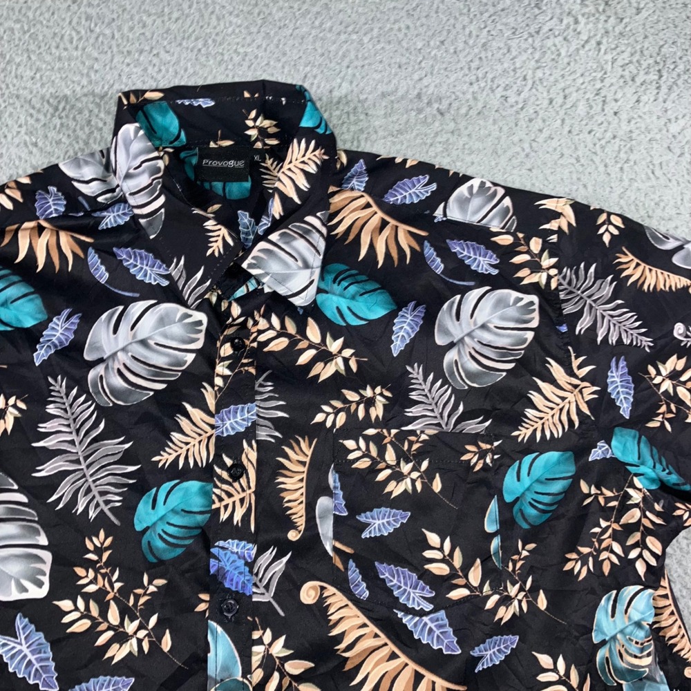 Provogue Hawaiian Shirt Men XL Tropical Monstera Leaf Print‎ Black Teal Resort